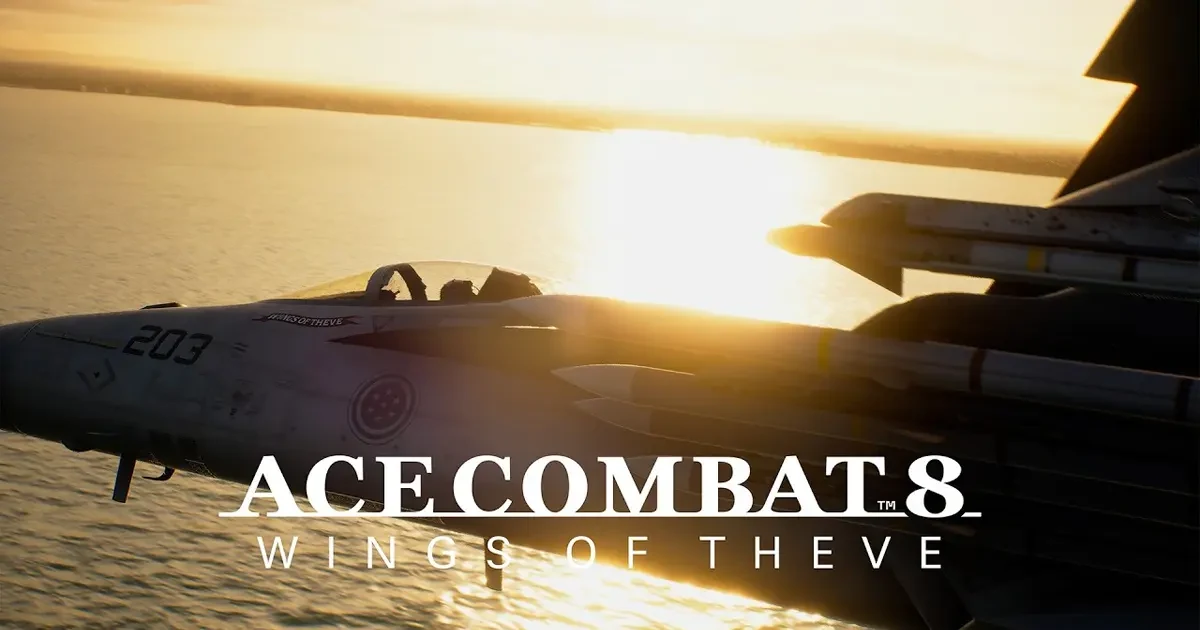 Caça de Ace Combat 8 Wings of Theve durante voo sobre o mar