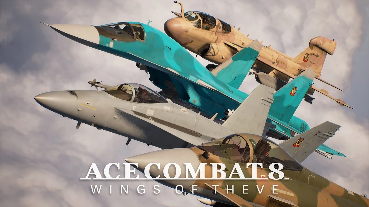 Vários caças voando juntos no multiplayer de Ace Combat 8 Wings of Theve
