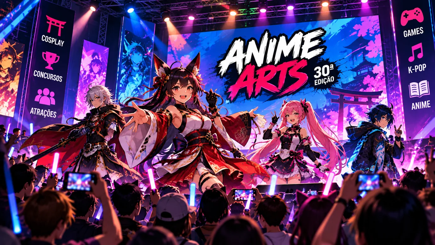Ilustração editorial de um concurso de cosplay, com personagens originais em um palco iluminado
