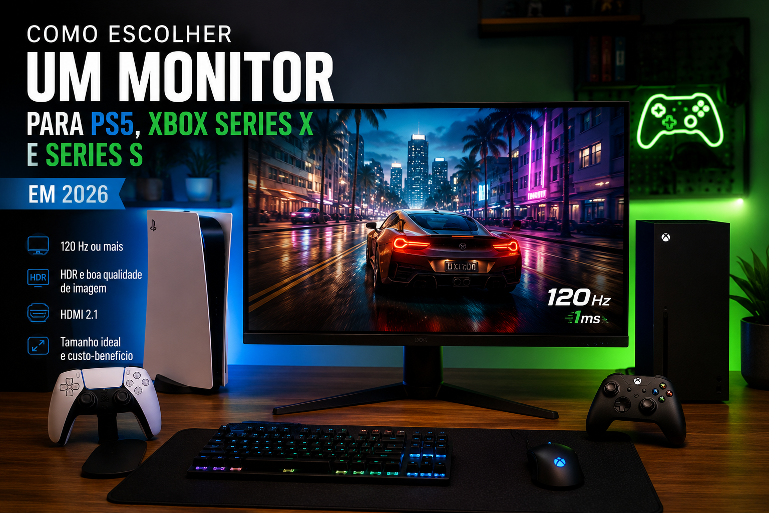 Como escolher um monitor para PS5, Xbox Series X e Series S em 2026