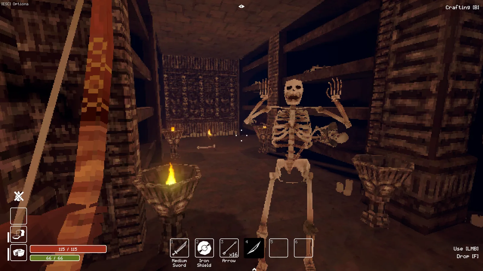 Esqueleto encontrado durante a exploração de uma masmorra em Deep Dish Dungeon.