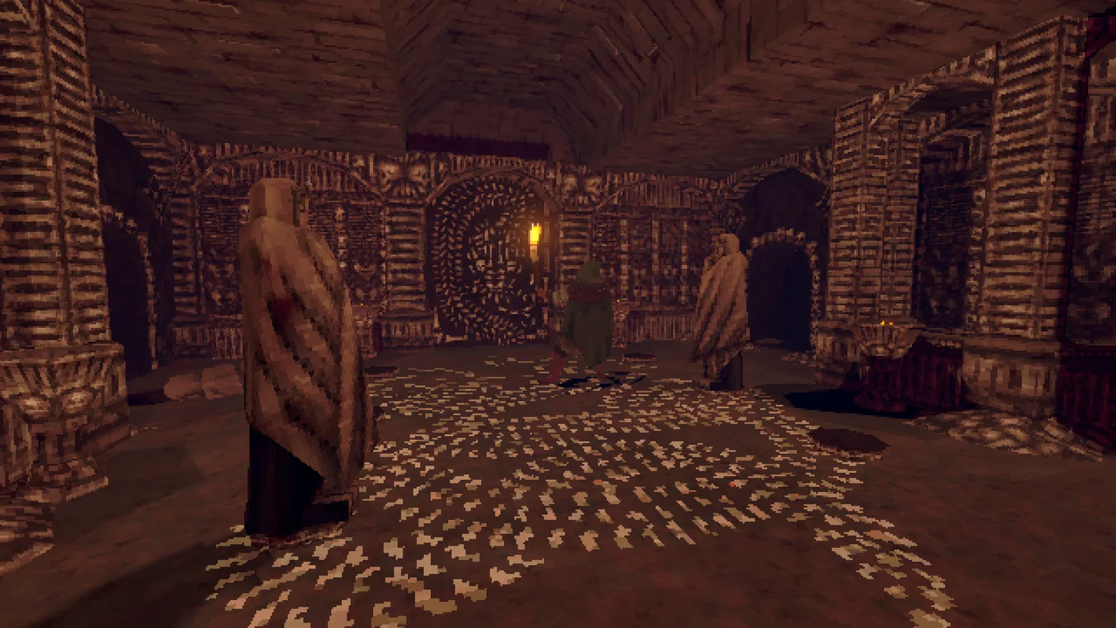 Ambiente subterrâneo com estruturas de pedra e estátuas em Deep Dish Dungeon.