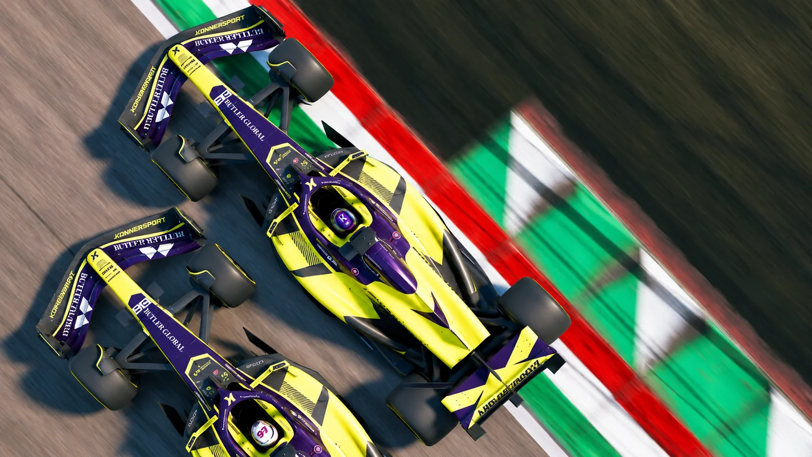 Gameplay de F1 25 com dois carros de Fórmula 1 disputando posição