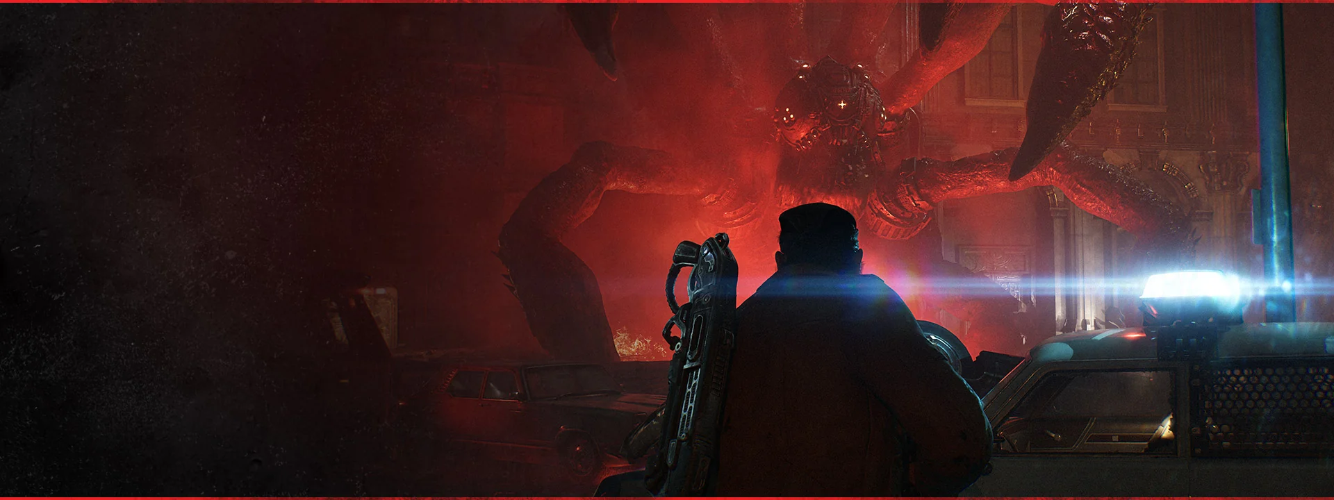 Marcus Fenix diante de uma enorme criatura Locust em Gears of War E-Day