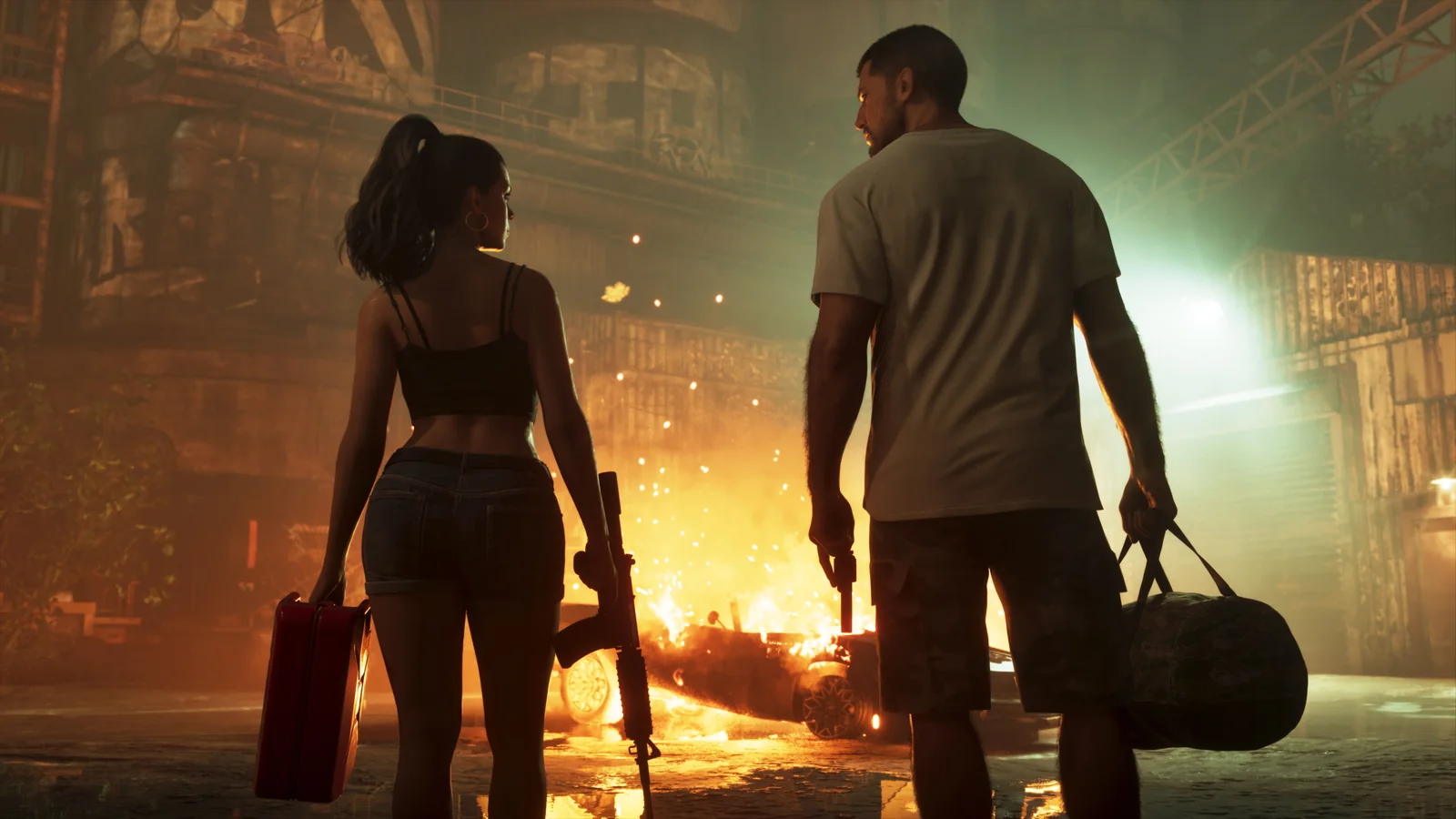 Jason e Lucia em cena de ação de Grand Theft Auto VI