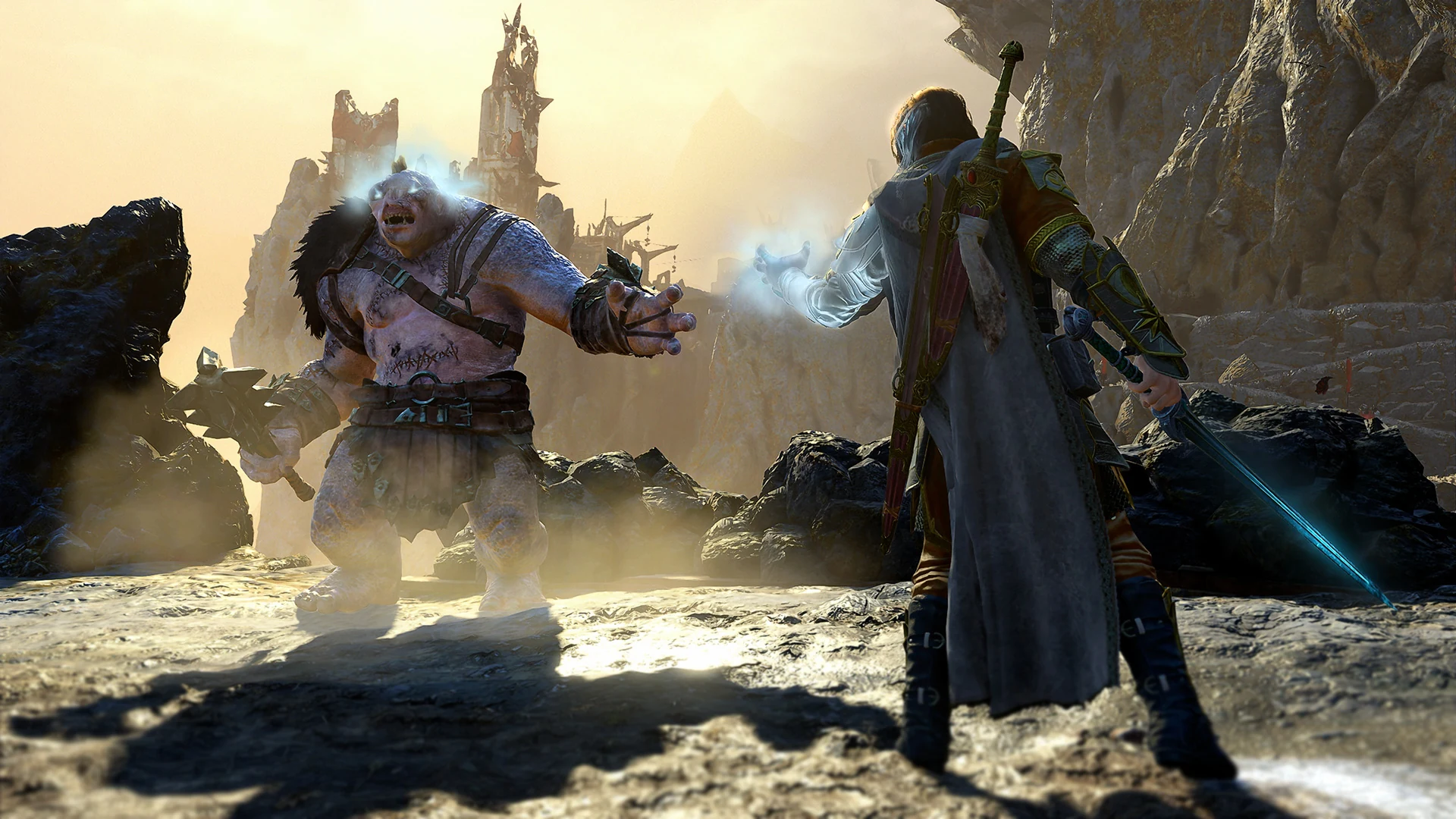 Cena de Middle-earth: Shadow Bundle mostrando personagem diante de um inimigo da Terra-média