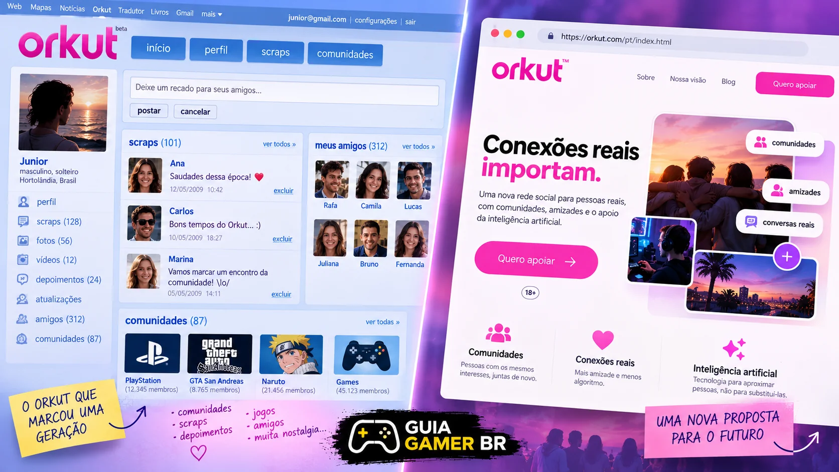 Ilustração editorial comparando elementos do Orkut clássico com uma proposta visual moderna