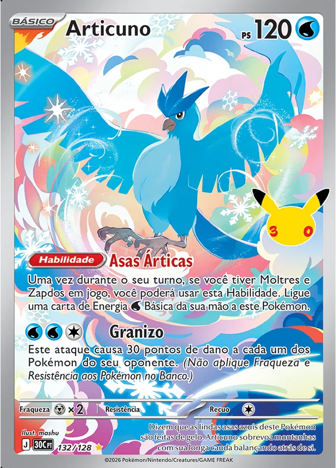 Carta Pokémon da expansão Celebração de 30 Anos usada como exemplo de raridade