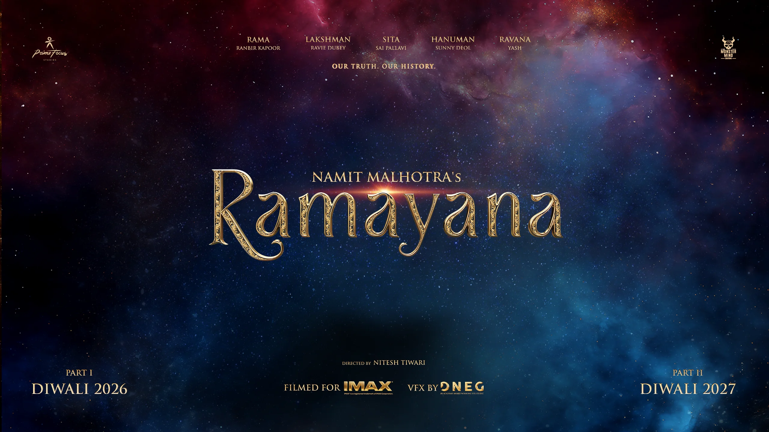 Arte promocional de Ramayana com informações sobre IMAX, DNEG e as duas partes do filme
