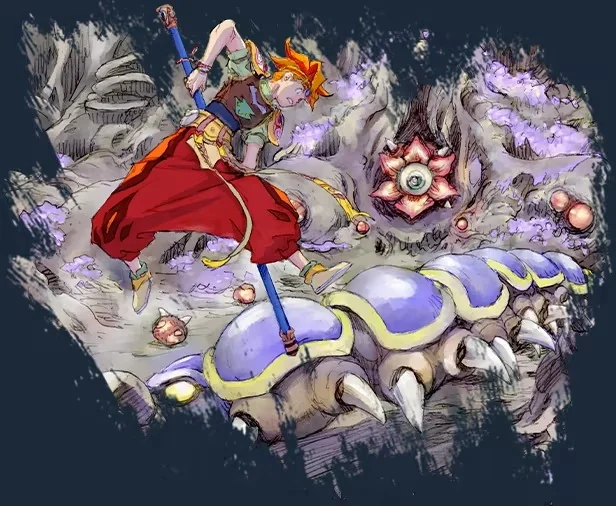 Arte oficial mostrando Ark enfrentando criatura em Terranigma