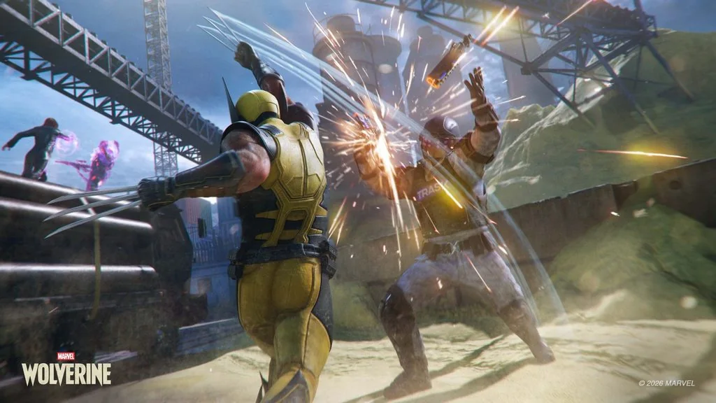 Wolverine em combate contra soldados de Trask enquanto Jean Grey luta ao fundo em Marvel's Wolverine