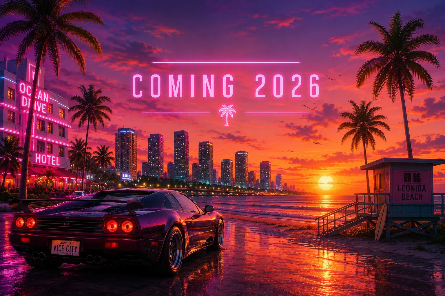 Banner Coming 2026 com cidade costeira neon, pôr do sol, palmeiras e carro esportivo