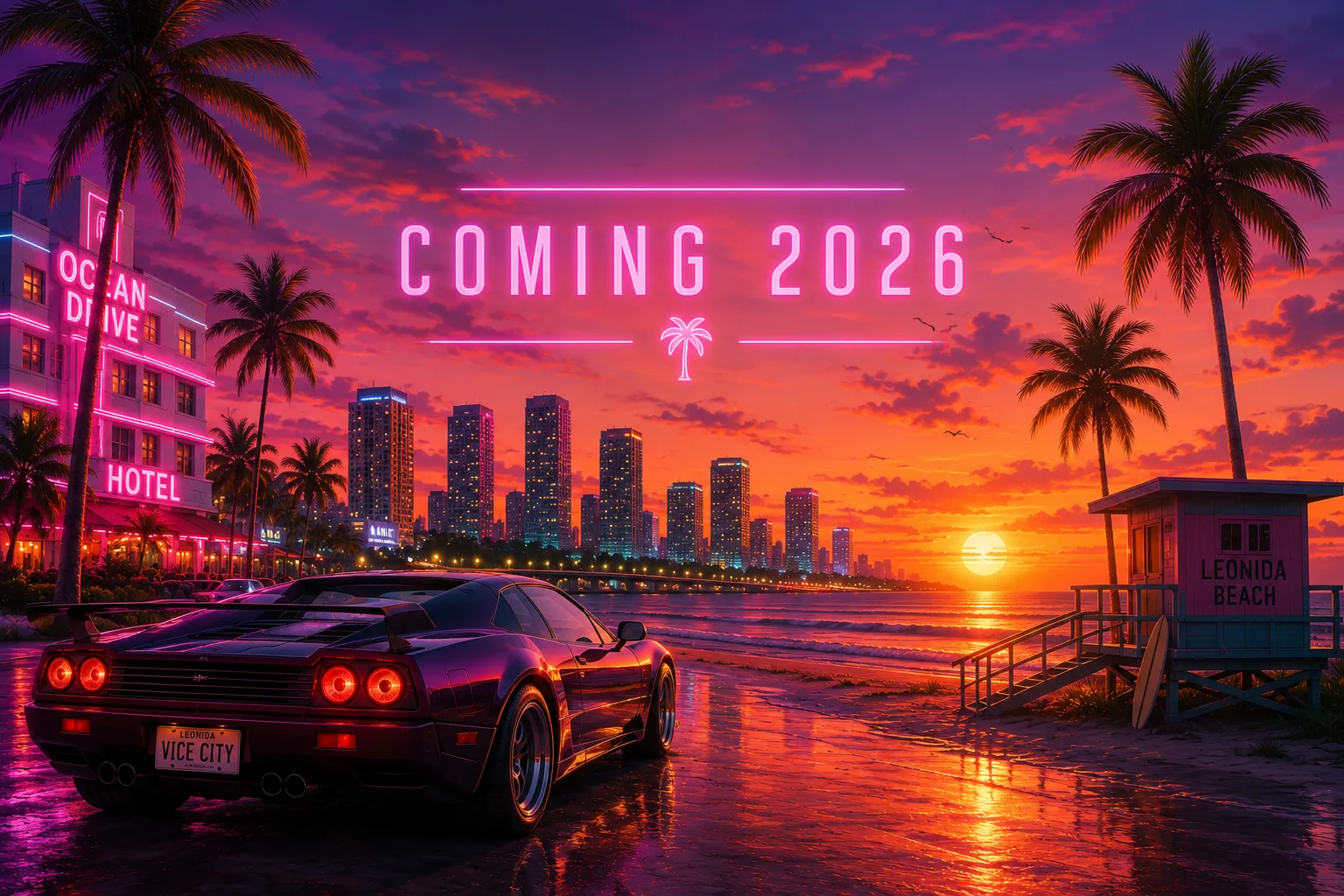 Cidade costeira neon com pôr do sol, palmeiras e carro esportivo