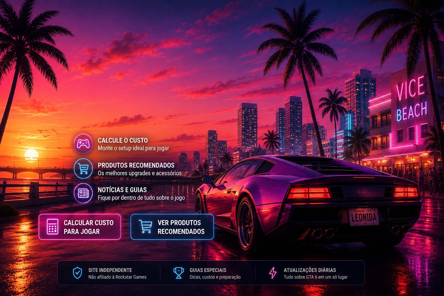 Banner gamer com cidade neon, palmeiras e carro esportivo em clima tropical